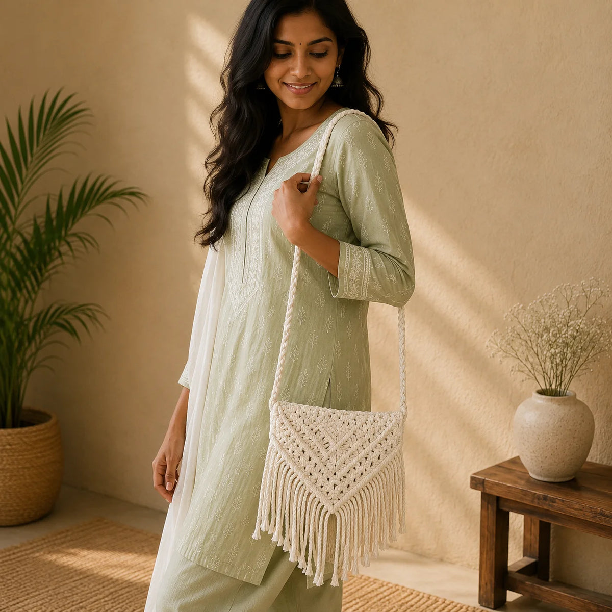 Macrame White Tassel Sling Bag