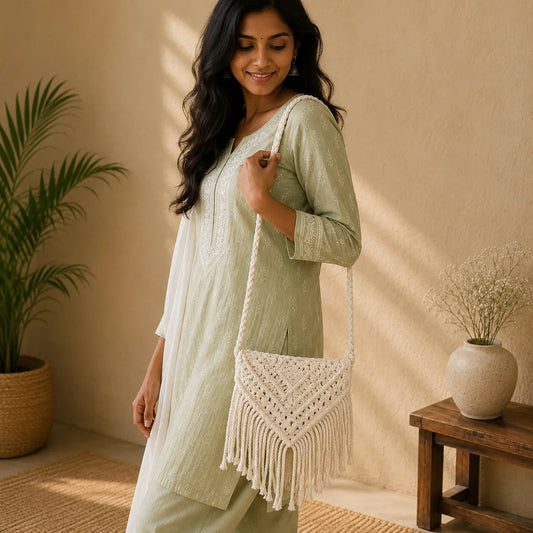 Macrame White Tassel Sling Bag