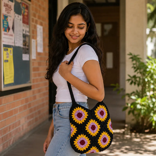 Black Sunflower Crochet Shoulder Bag