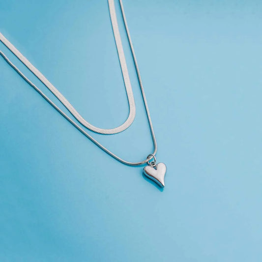 Silver Layered Heart Chain Necklace