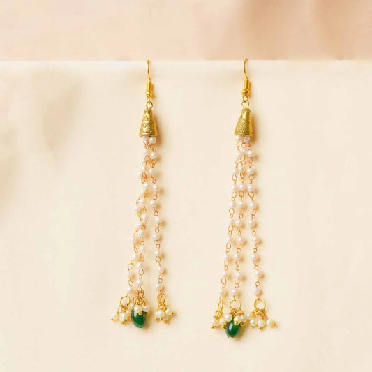 Traditional Golden Cone Pearl Chain Tassel Earrings