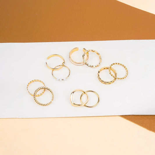 Pack of 10 Golden And Pearly White Chain Ring Combo