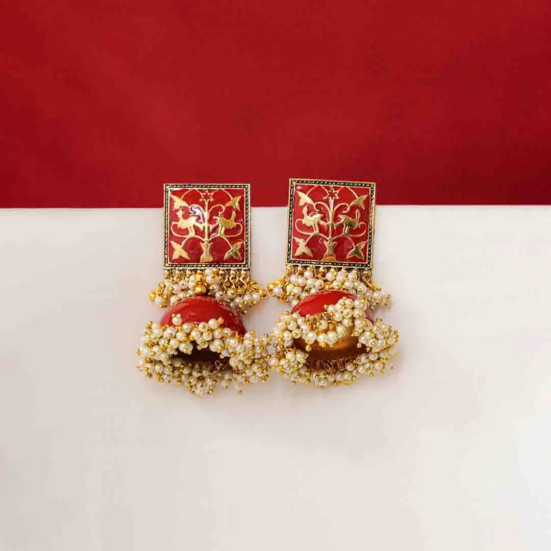 Meenakari square Mogra Pearls Dome Shaped Jhumka