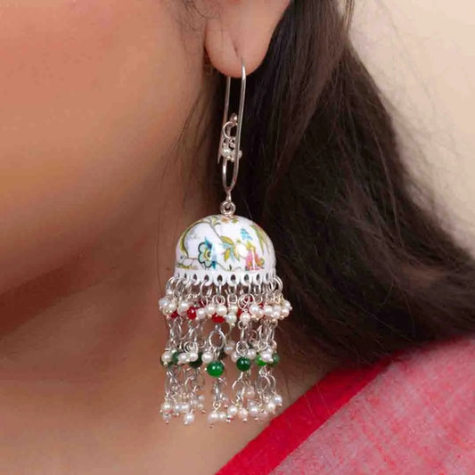 Floral Meenakari Beaded Pearl Jhumka