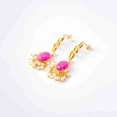 Golden Link Marble Stone Pearl Mogra Earrings
