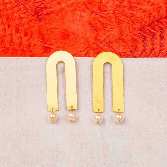 Brass U Shaped Pearl Drop Earrings