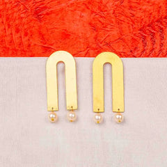 Brass U Shaped Pearl Drop Earrings