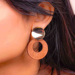 Golden Top Wooden Circular Drop Earrings