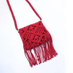 Red Macrame Knotted Tassel Sling Bag