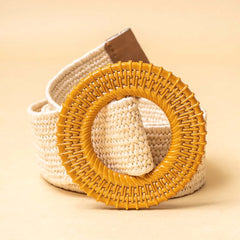 Woven Raffia Cream Circular Buckle Belt