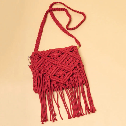 Red Macrame Knotted Tassel Sling Bag