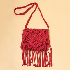 Red Macrame Knotted Tassel Sling Bag