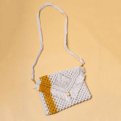 Yellow Striped White Macrame Sling Bag