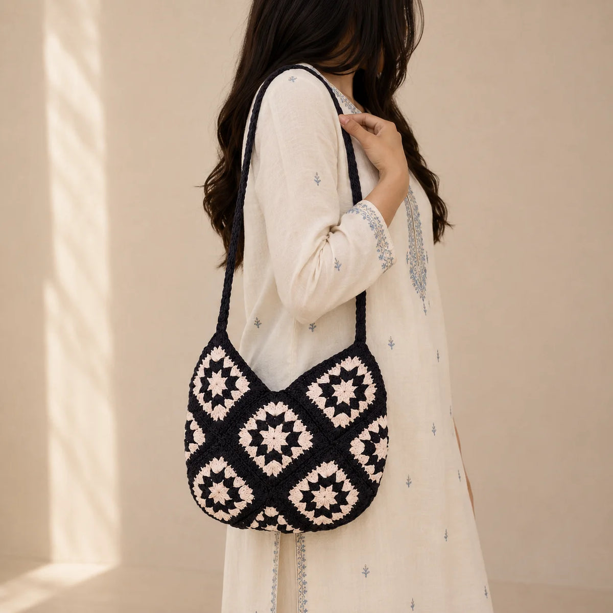 Ivory Noir Crochet Shoulder Bag