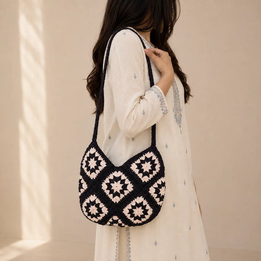 Ivory Noir Crochet Shoulder Bag