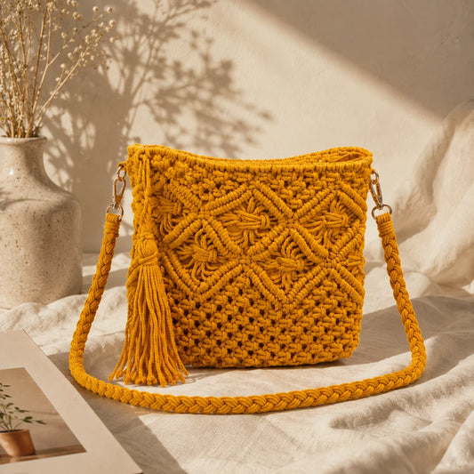 Yellow Fringe Knot Macrame Bag