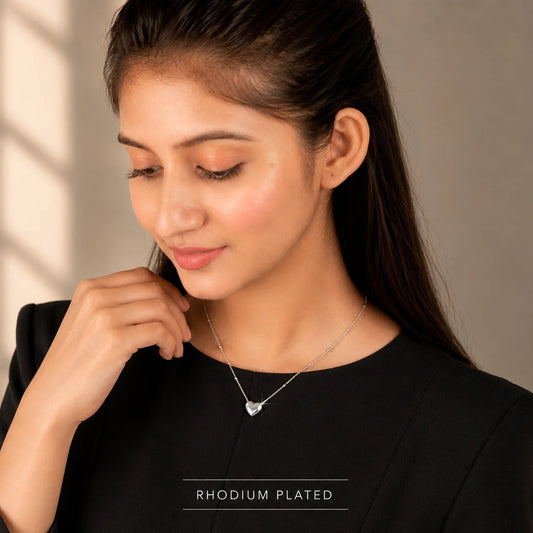 Silver Heart Beaded Chain Necklace - Rhodium Plated