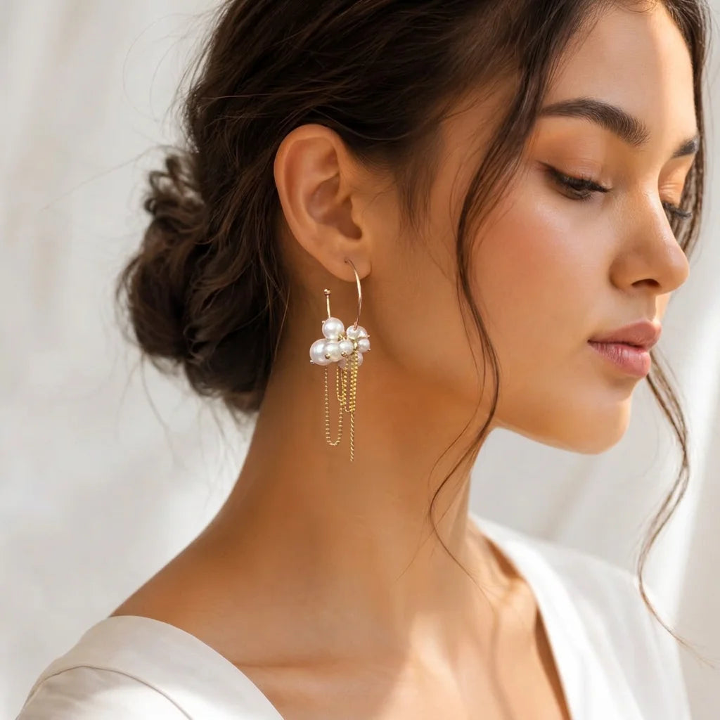 "Pair of gold-tone hoop
 earrings adorned with clusters of lustrous white pearls and delicate dangling gold chains."
