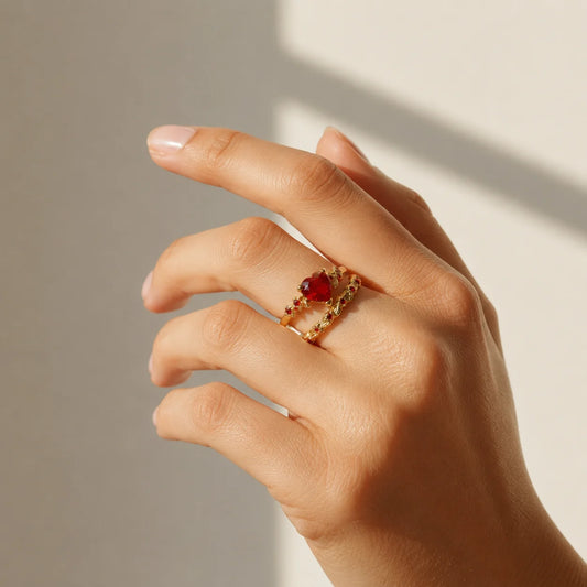 Red Crystal Heart Rings Set