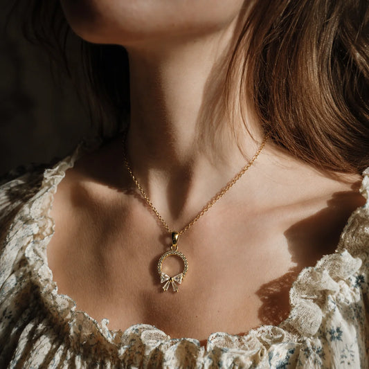 Crystal Bow Circle Pendant Necklace - 18K Gold Plated