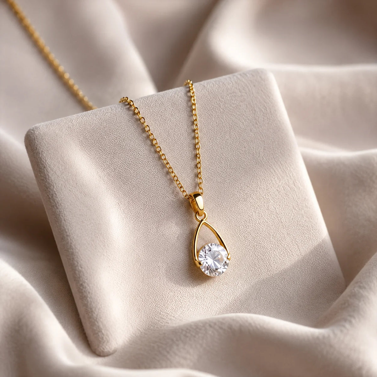 Solitaire Teardrop Pendant Necklace- 18K Gold Plated