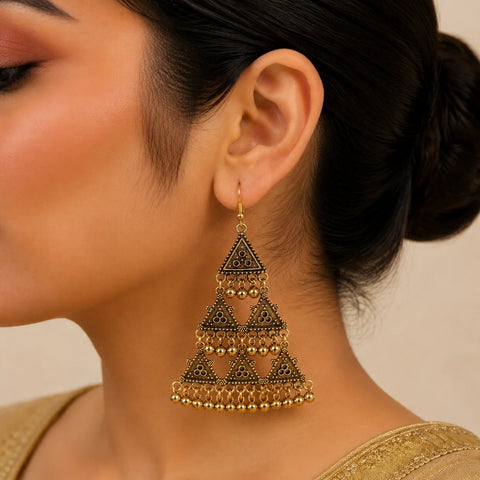 Antique Gold Triangular Ghungroo Chandelier Earrings