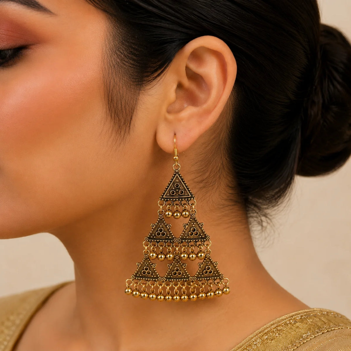 Antique Gold Triangular Ghungroo Chandelier Earrings