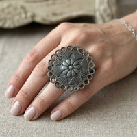 Black Oxidised Floral Medallion Rings