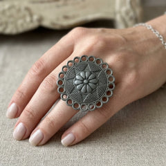 Black Oxidised Floral Medallion Rings