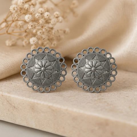 Black Oxidised Floral Mandala Stud Earrings