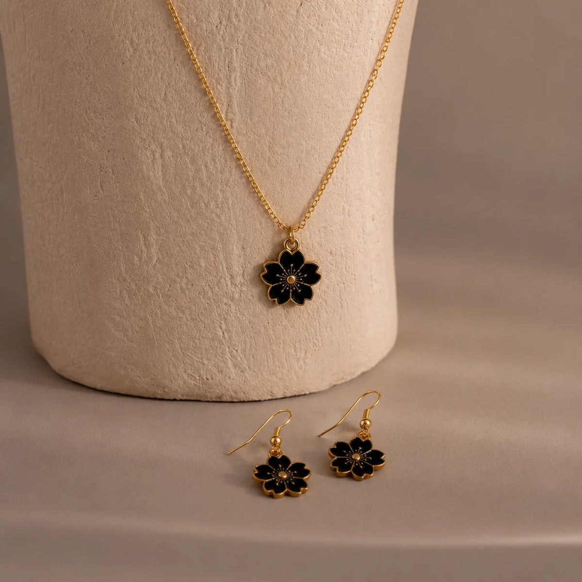 Black Flower Necklace & Earrings Set