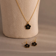 Black Flower Necklace & Earrings Set