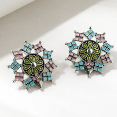 Silver enamel studs with floral mandala pattern. Colorful enamel traditional earrings with stud closure. Ethnic wear jewelry.
