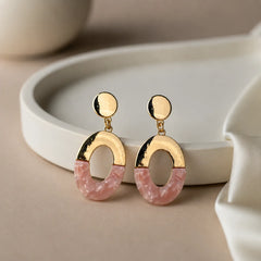 Gold-tone oval earrings with pink marble acrylic. Two-tone drop earrings with oval stud top. Minimal western statement jewelry.
