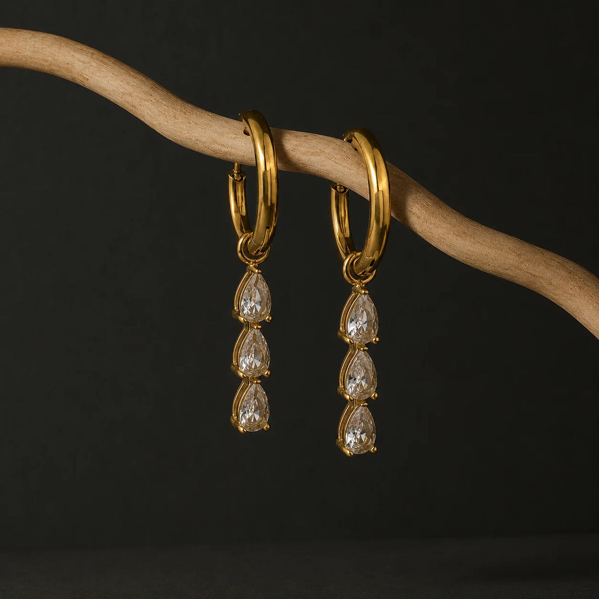 Triple Crystal Drop Earrings - 18K Gold Plated