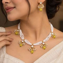 Yellow Beaded Kundan Necklace Set