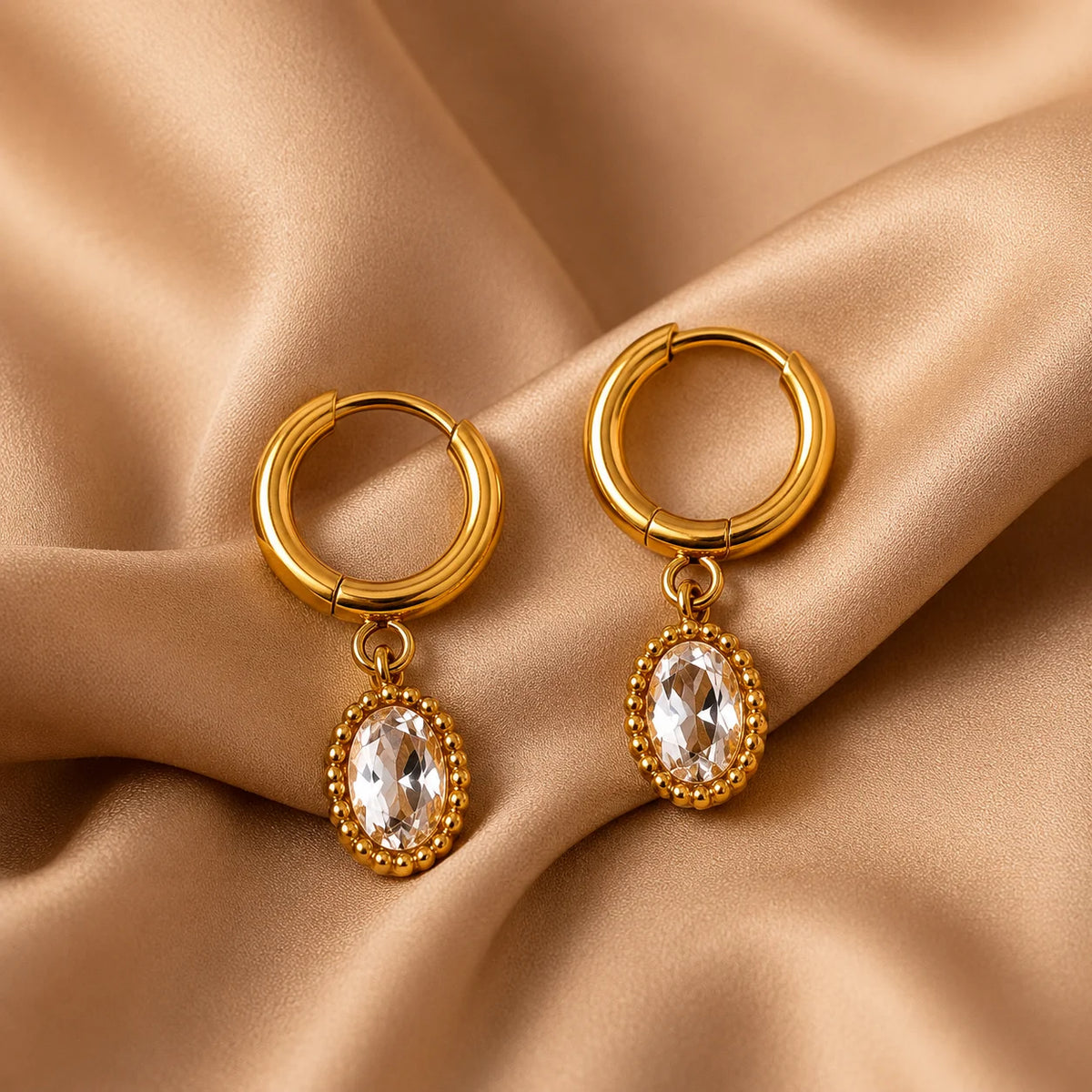 Oval Crystal Drop Hoop Earrings - 18K Gold Plated