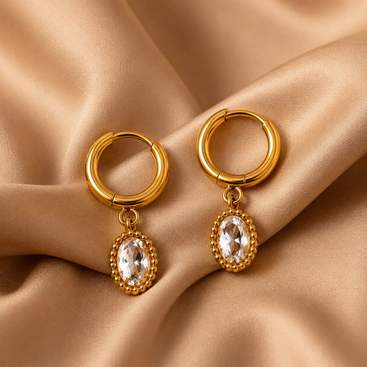 Oval Crystal Drop Hoop Earrings - 18K Gold Plated