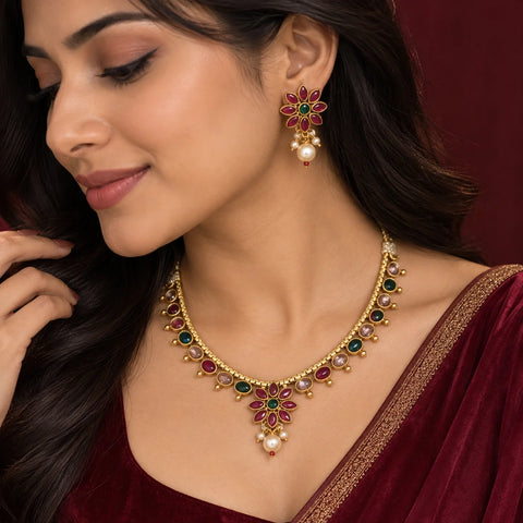 Red & Green Kundan Necklace Set