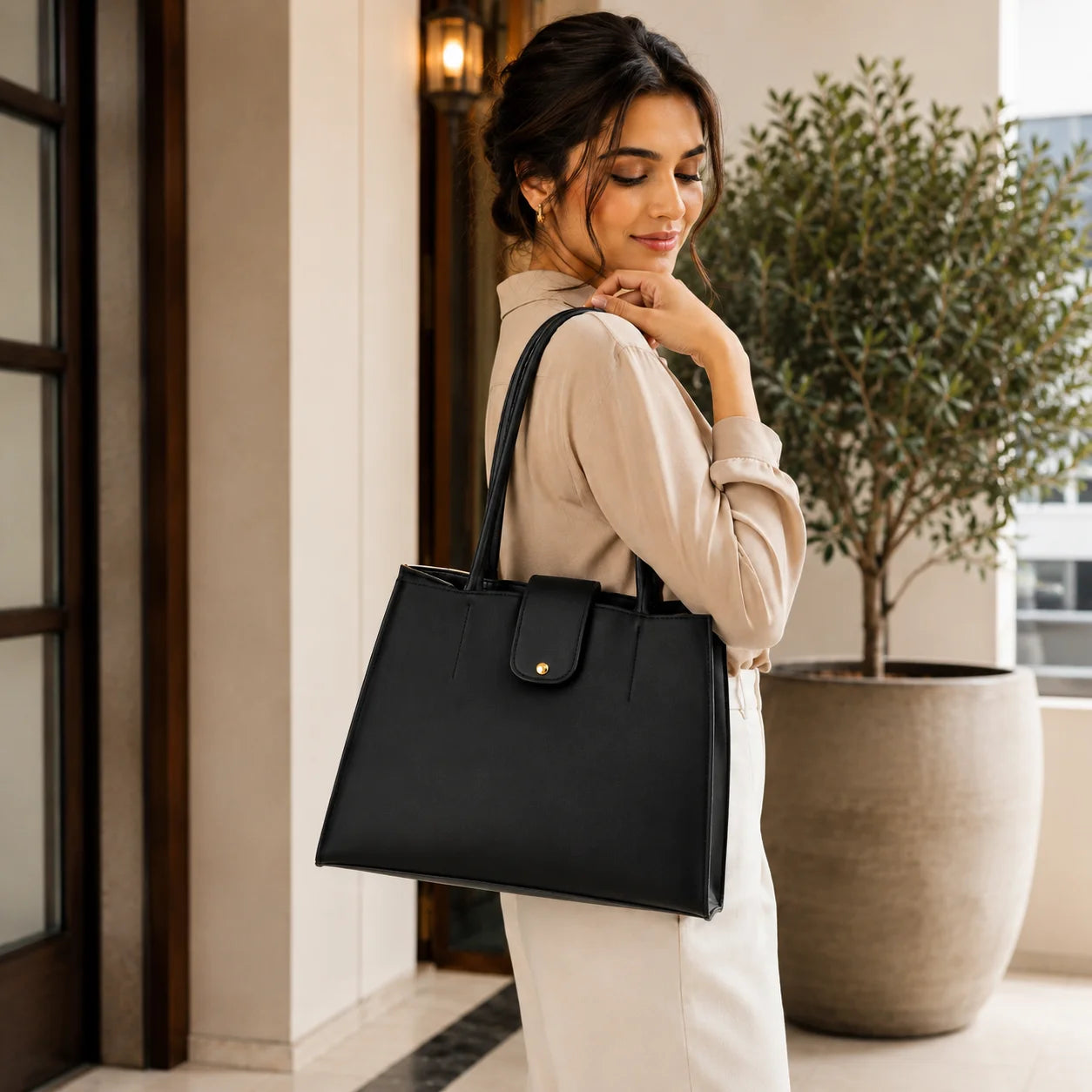 "Black structured tote bag 
with long handles, a front flap closure, and a subtle gold-tone button detail."
