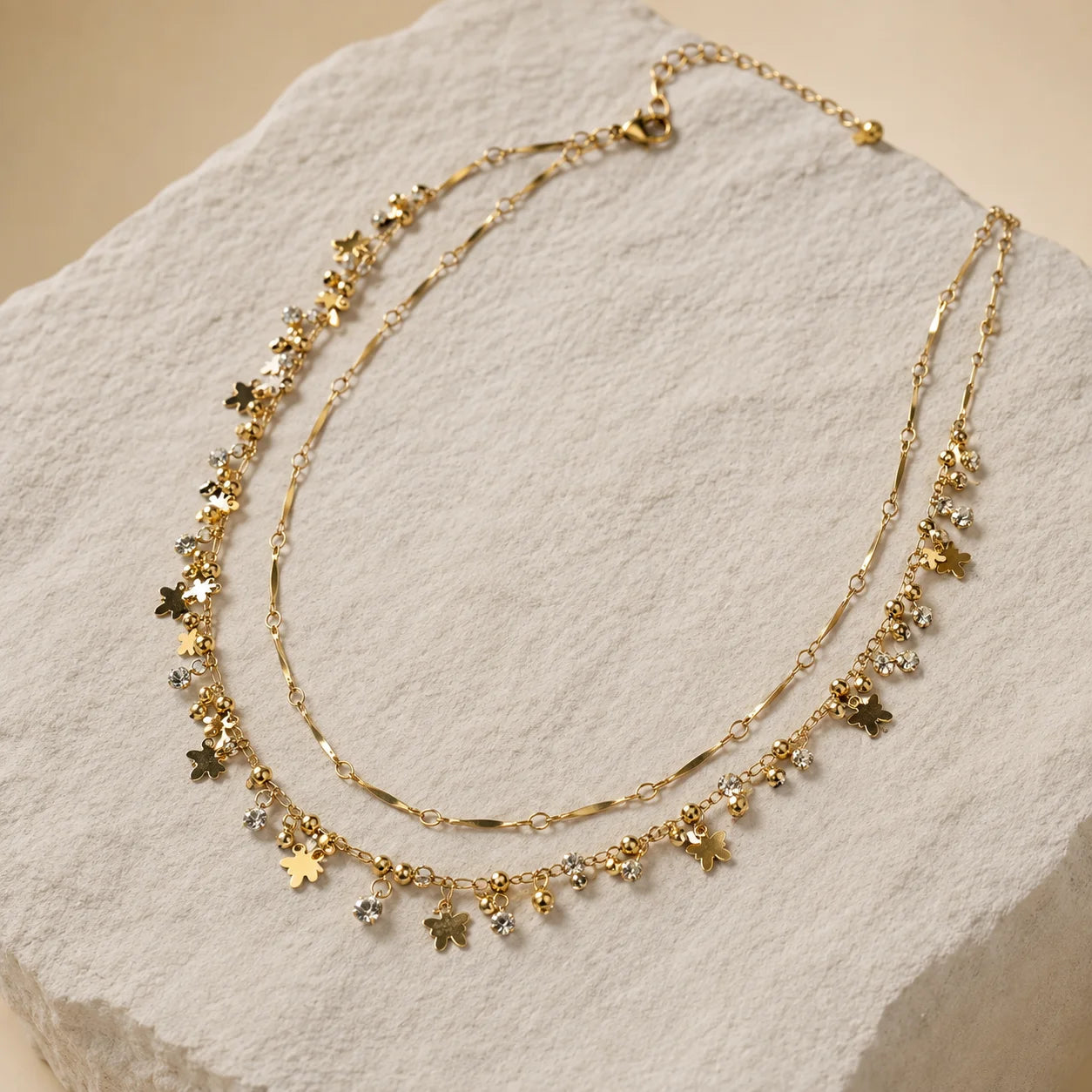  Gold tone double layer butterfly charm necklace with crystal stones for women
