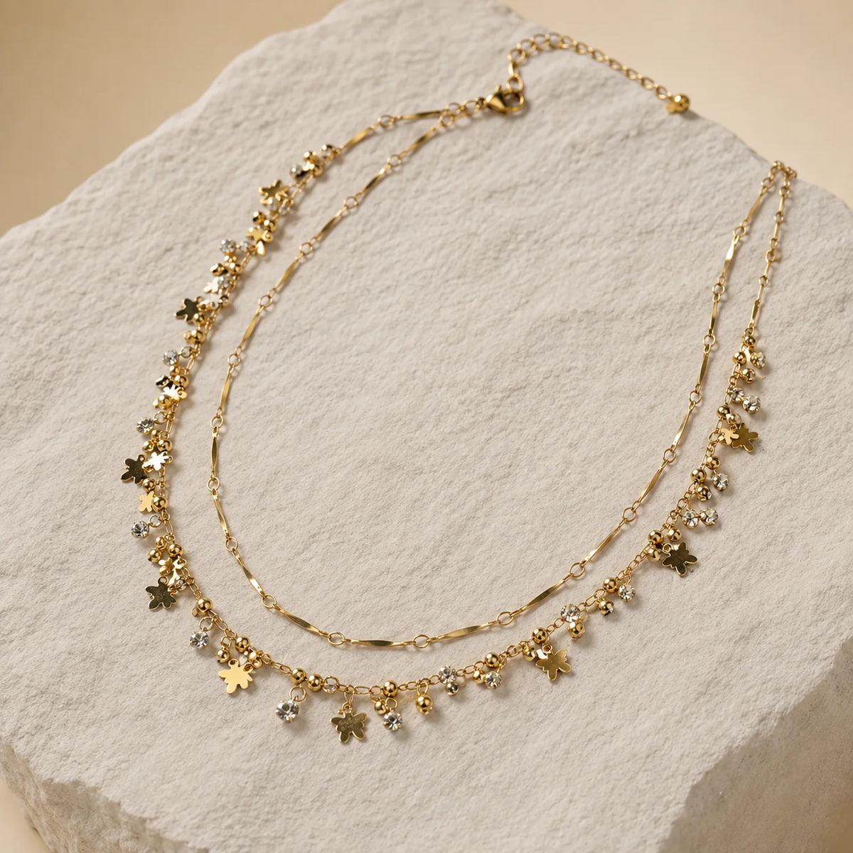  Gold tone double layer butterfly charm necklace with crystal stones for women
