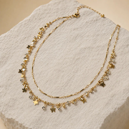  Gold tone double layer butterfly charm necklace with crystal stones for women

