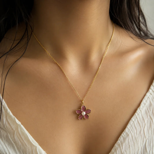 Pink enamel flower pearl pendant necklace in gold tone for women
