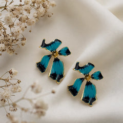 Blue ombre flower stud earrings with gold tone outline and enamel paint for women

