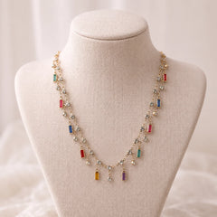 Multicolor baguette charm necklace in gold tone with rainbow stones for women
