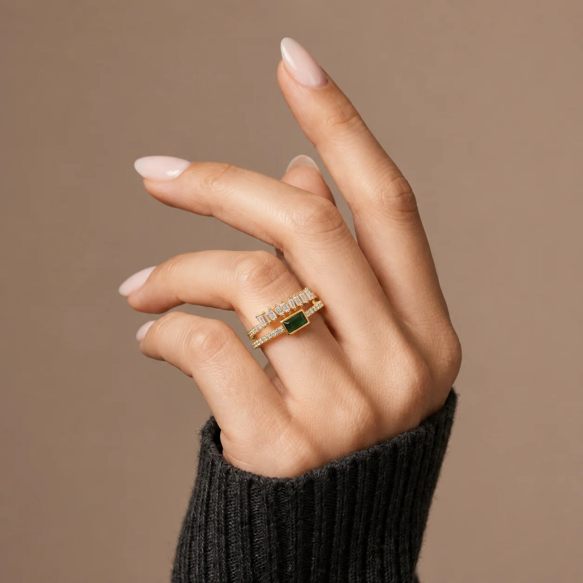 Emerald green baguette adjustable ring in gold tone with crystal halo for women
