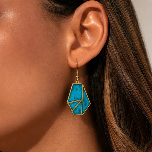 Brass Geometric Turquoise Dangle Earrings