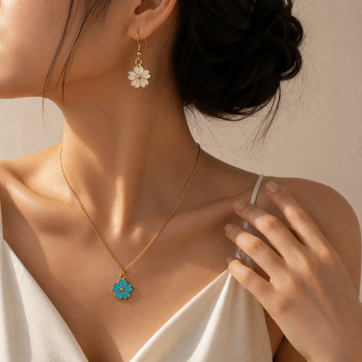 Floral Enamel Necklace & Earrings Set