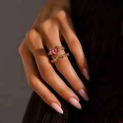 Pink Crystal Heart Rings Set